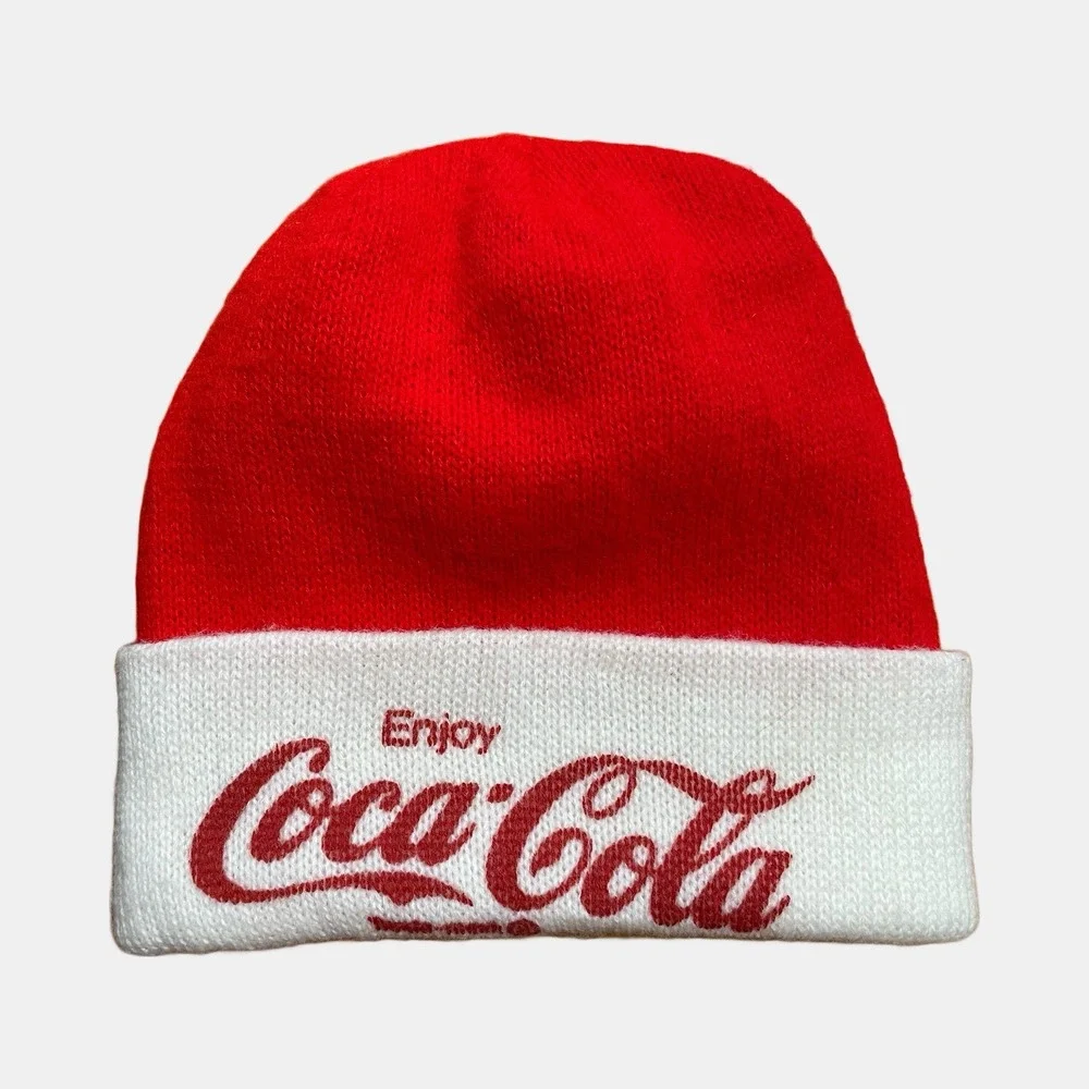 Vintage Enjoy Coca-Cola Knit Hat Beanie Red White Coke Promotion Ad USA Toboggan